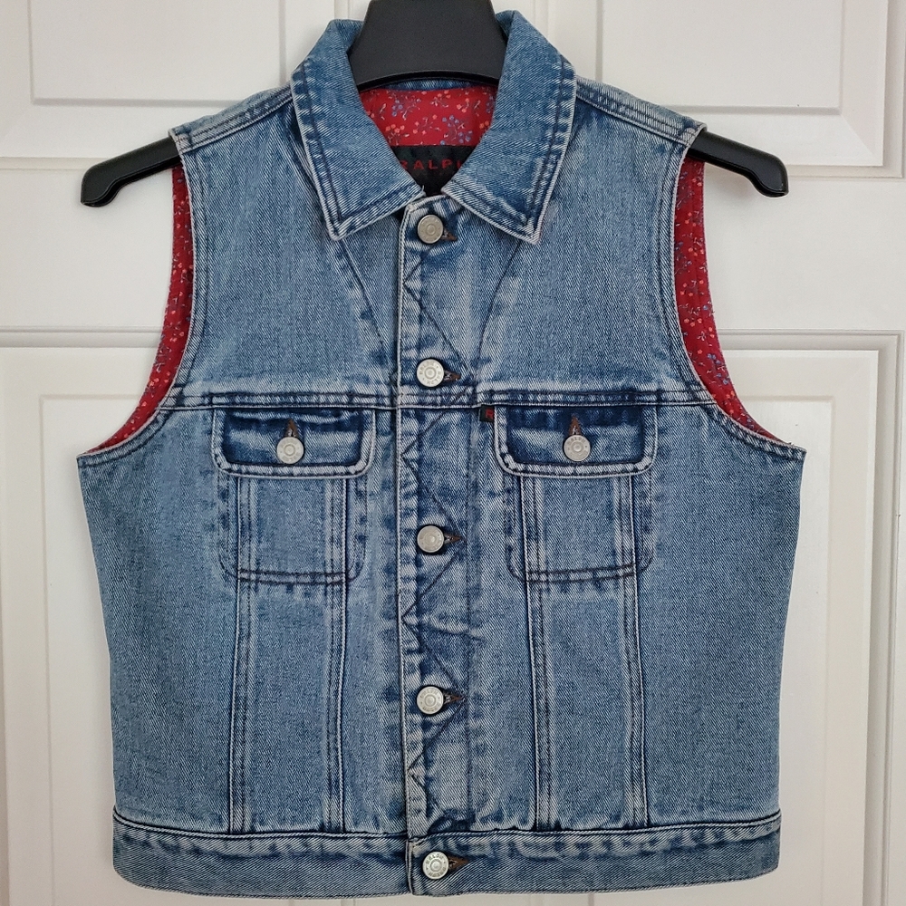 RALPH RALPH LAUREN Women's vintage denim vest with red floral lining Size Small